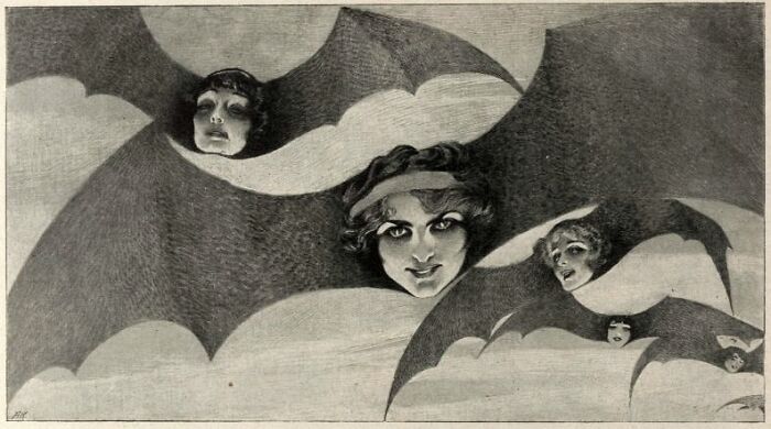 Victorian-Edwardian pictures of women’s faces emerging from stylized bat wings in a vintage black and white illustration.
