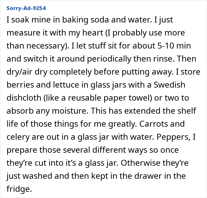 Text excerpt showing detailed tips on washing and storing fruits and vegetables purchased from the store to extend shelf life.