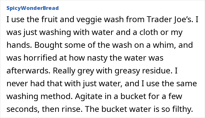 User review about washing fruits and vegetables with specialized fruit and veggie wash, highlighting its effectiveness compared to water alone.