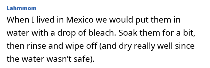 Commenter sharing a tip on washing fruits and vegetables with bleach water to ensure safety before consumption.