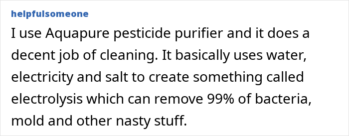 Comment text about using Aquapure pesticide purifier for washing fruits and vegetables, describing its cleaning method and effectiveness.