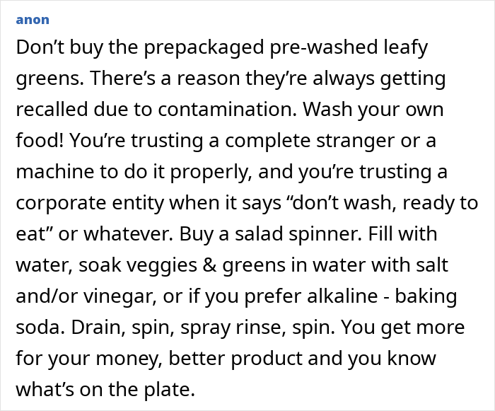 Text advice on washing fruits and vegetables at home with salt, vinegar, or baking soda for safer produce cleaning tips.