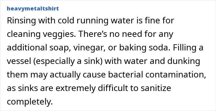Text explaining washing tips for fruits and vegetables from the store, advising rinsing with cold running water only.
