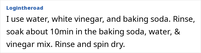 Comment explaining washing tips for fruits and vegetables using water, vinegar, and baking soda mixture.