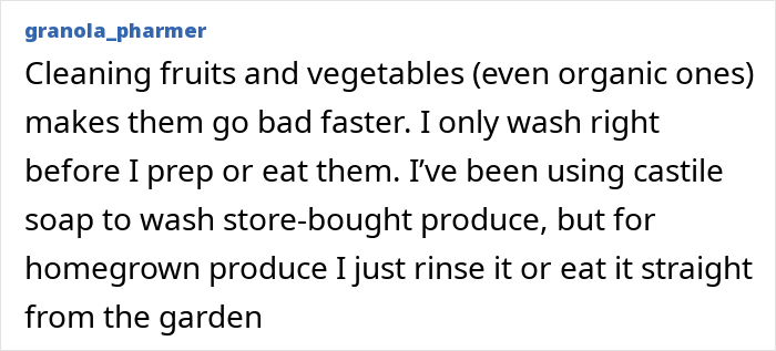 Text excerpt about washing tips for store-bought fruits and vegetables using castile soap and rinsing homegrown produce.