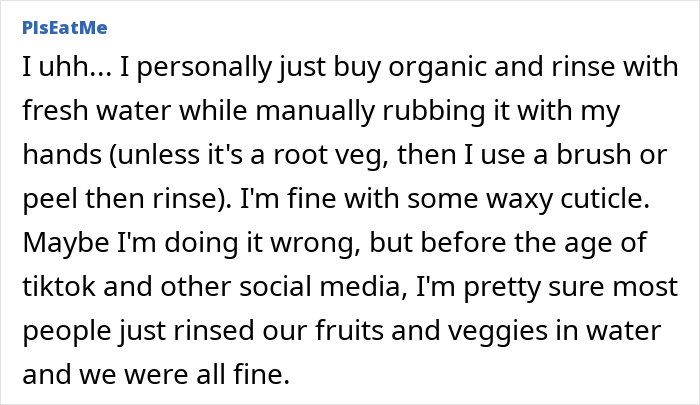 User comment about washing fruits and vegetables manually with fresh water and brushes, discussing store-bought produce washing tips.