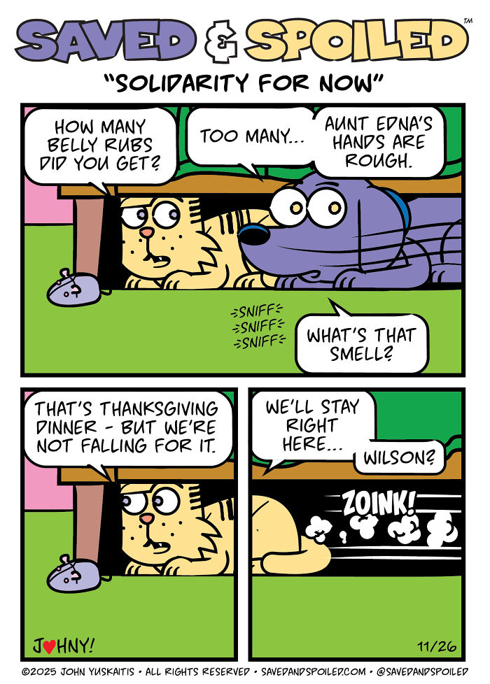 Here Are My 20 Latest &lsquo;Saved & Spoiled&rsquo; Comics Celebrating Pets, Fall Days, And Thanksgiving Chaos