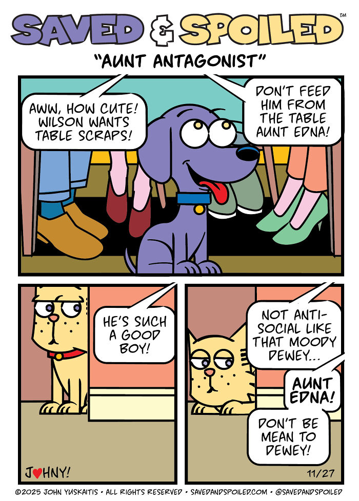 Here Are My 20 Latest &lsquo;Saved & Spoiled&rsquo; Comics Celebrating Pets, Fall Days, And Thanksgiving Chaos