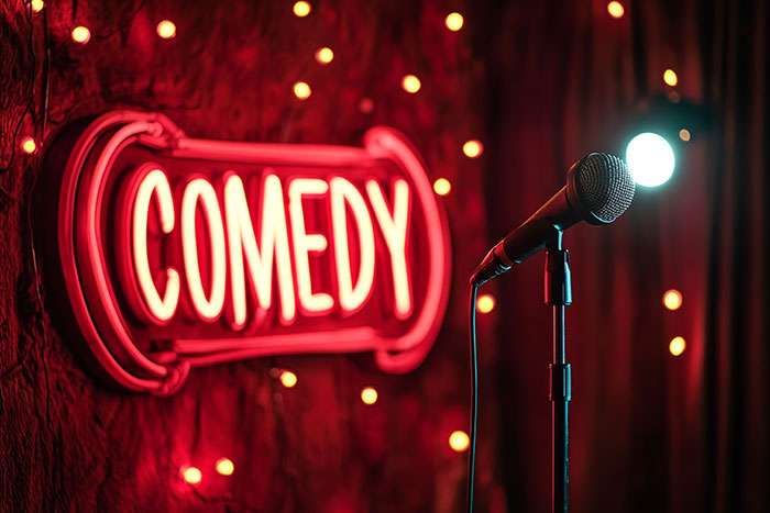 Microphone on stage next to red comedy sign with string lights, symbolizing men’s reaction to unhinged behaviors.