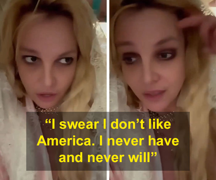Britney Spears looks unrecognizable with heavy makeup and disheveled hair in a close-up selfie video.