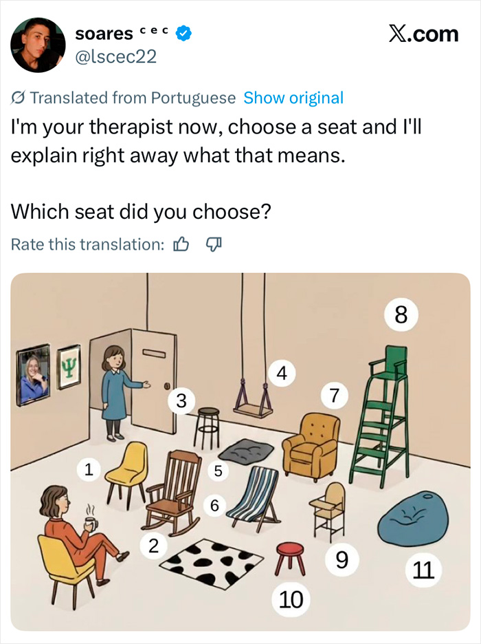 Illustration showing different seats numbered in a therapist's room for the hidden test therapists use to judge you.