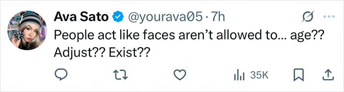 Tweet from Ava Sato questioning societal views on aging and facial changes, relating to Zac Efron's back to normal face trending.