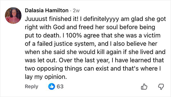 Comment from Dalasia Hamilton agreeing the Netflix doc exposes errors in Charlize Theron's film about a famous serial criminal. Comment from Dalasia Hamilton agreeing the Netflix doc exposes errors in Charlize Theron's film about a famous serial criminal.