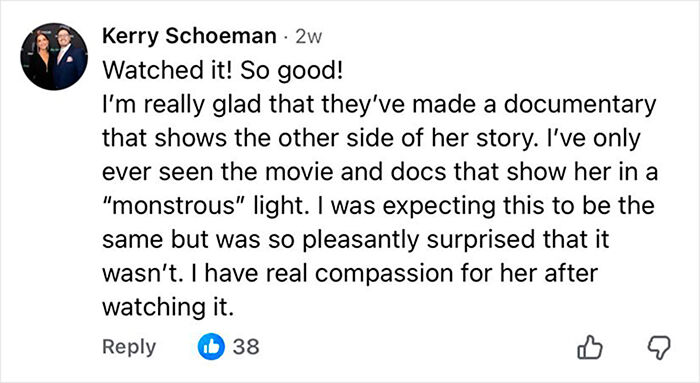 Comment praising Netflix doc for revealing the truth about famous serial criminal, contrasting Charlize Theron's film. Comment praising Netflix doc for revealing the truth about famous serial criminal, contrasting Charlize Theron's film.