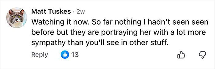 User comment on Netflix doc about portrayal of famous serial criminal, noting increased sympathy in the depiction. User comment on Netflix doc about portrayal of famous serial criminal, noting increased sympathy in the depiction.