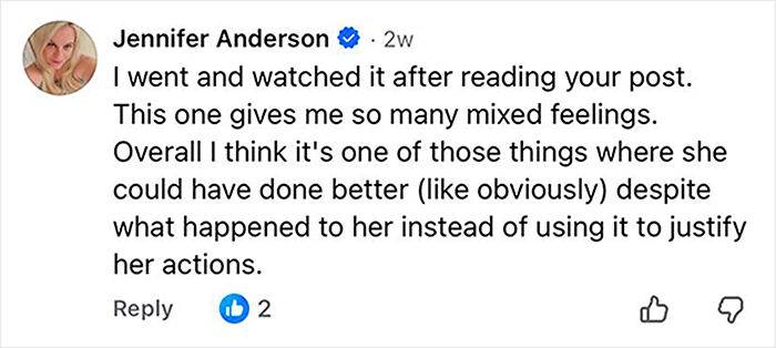 Screenshot of a social media comment discussing mixed feelings about Charlize Theron's film on a famous serial criminal. Screenshot of a social media comment discussing mixed feelings about Charlize Theron's film on a famous serial criminal.
