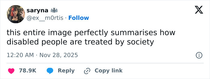 Tweet about disability inclusion sparked by Wicked cast selfie excluding Marissa Bode, highlighting debate on treatment of disabled people.