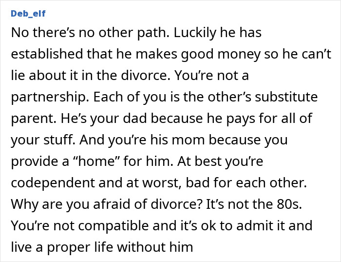 Text from online comment discussing a man prioritizing work over family, with wife aware and conflicted about divorce. Text from online comment discussing a man prioritizing work over family, with wife aware and conflicted about divorce.