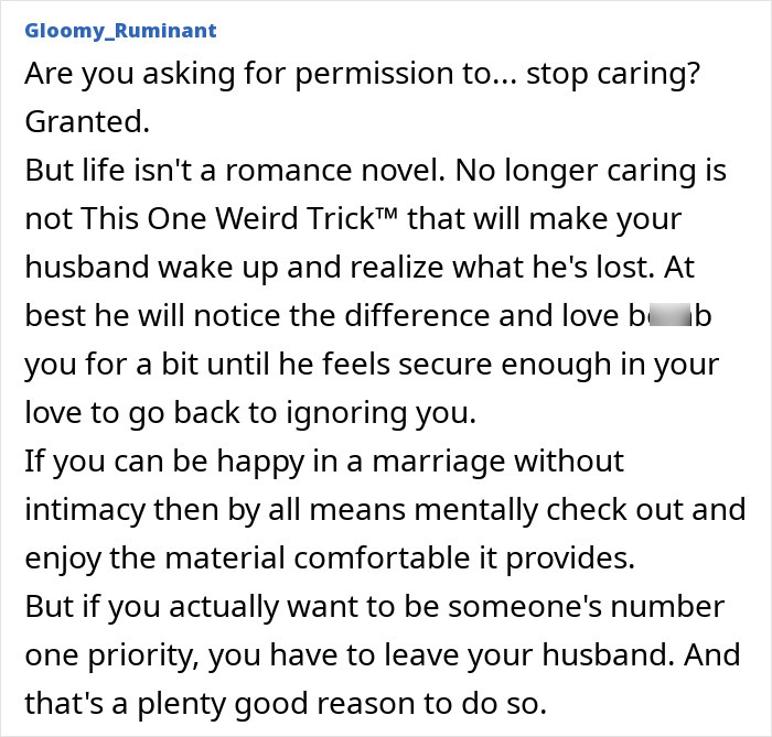 Text excerpt discussing a man prioritizing work over family and the wife's awareness of his behavior. Text excerpt discussing a man prioritizing work over family and the wife's awareness of his behavior.