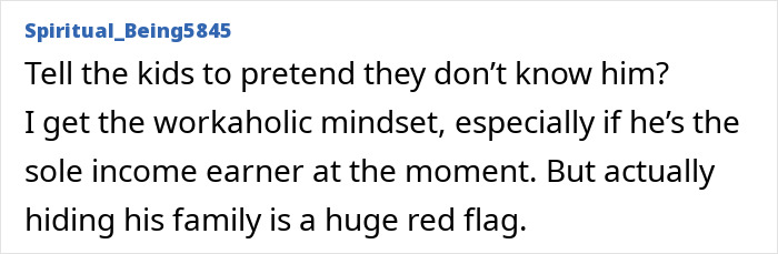 Screenshot of a forum comment discussing a man prioritizing work and pretending to not have a family, with concerns raised by his wife. Screenshot of a forum comment discussing a man prioritizing work and pretending to not have a family, with concerns raised by his wife.