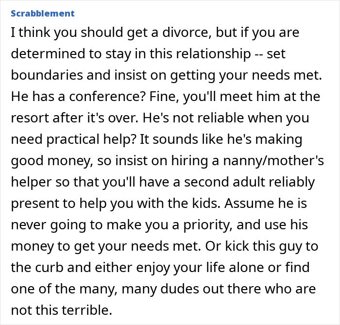 Text advice about a man prioritizing work over family with suggestions for setting boundaries and seeking support. Text advice about a man prioritizing work over family with suggestions for setting boundaries and seeking support.