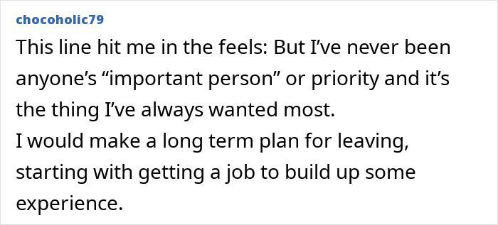 Text post discussing feelings of not being a priority and making a plan to leave by gaining job experience. Text post discussing feelings of not being a priority and making a plan to leave by gaining job experience.