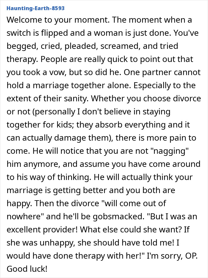 Man prioritizes work over family, pretending not to have a wife, while she knows and wants to stay in the marriage. Man prioritizes work over family, pretending not to have a wife, while she knows and wants to stay in the marriage.