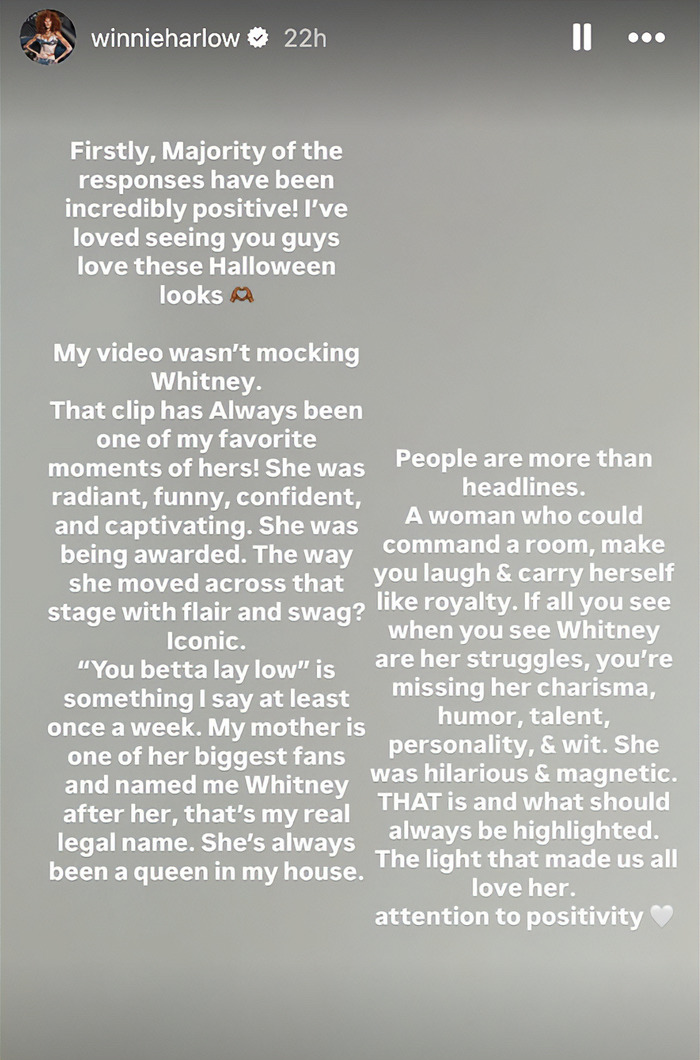 Winnie Harlow responds to backlash over Whitney Houston Halloween look, emphasizing positivity and respect for Whitney's legacy.