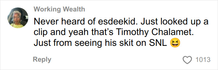 Comment praising Timoth&eacute;e Chalamet while discussing fans' theory linking him to masked rapper EsDeeKid in a viral video.