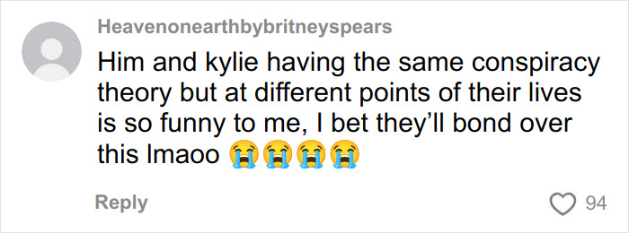 Comment mentioning fans' funny conspiracy theory about Timoth&eacute;e Chalamet and masked rapper EsDeeKid with laughing emojis.