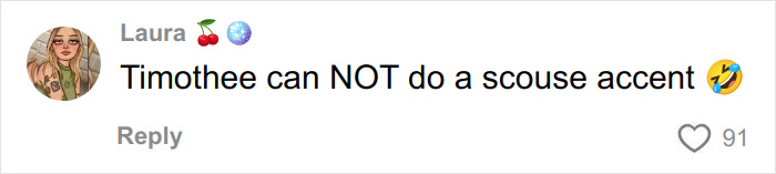 Comment on social media post joking about Timoth&eacute;e Chalamet struggling with a Scouse accent, related to fan theories about masked rapper EsDeeKid.