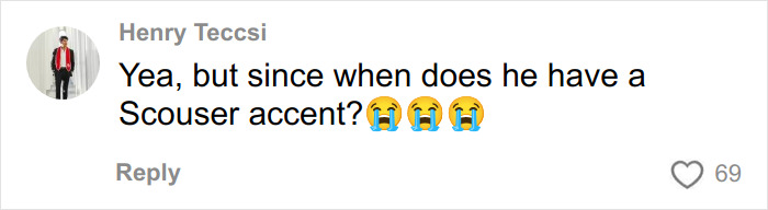 Screenshot of a social media comment questioning a Scouser accent, relating to fans linking Timoth&eacute;e Chalamet and masked rapper EsDeeKid.