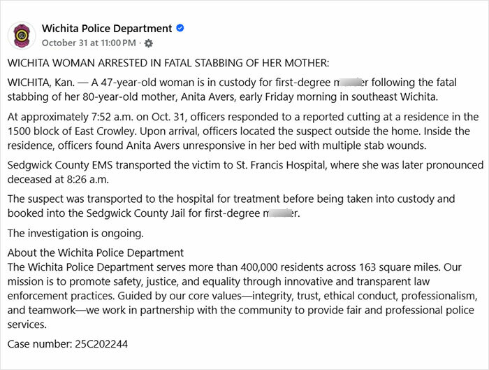 Wichita Police Department post about a woman arrested for fatal stabbing of her mother on Halloween.