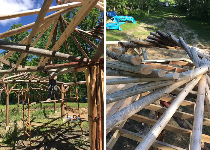 Construction of a rustic $15K cabin in the woods using logs, highlighting safety concerns about the structure.