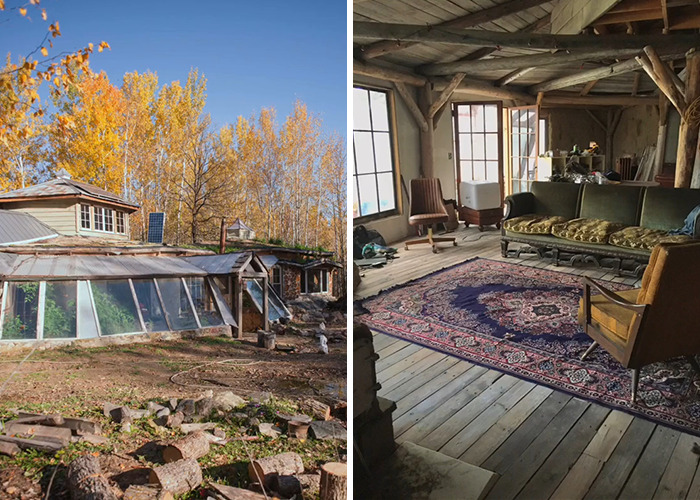 Rustic cabin in the woods with worn exterior and vintage interior, raising safety concerns among viewers online.