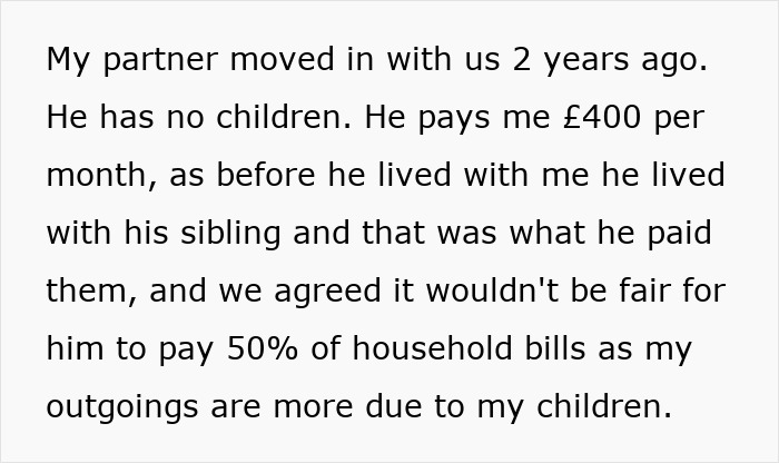 Text describing a woman&rsquo;s experience with a jobless partner who pays less than his share of household expenses.