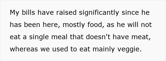 Text on a white background describing increased bills due to a partner who refuses to eat meals without meat.
