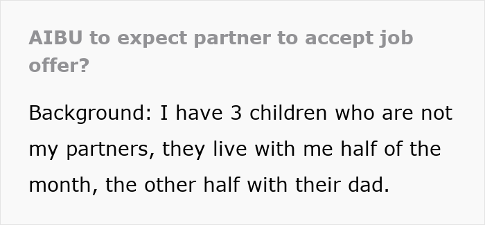 Screenshot of a text post discussing expecting a partner to accept a job offer in a relationship context.
