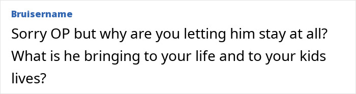 Comment by user Bruisername questioning why a woman tolerates a jobless partner who adds no value to her or her kids' lives.