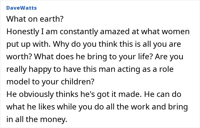 Screenshot of a comment discussing a woman realizing she doesn't need a jobless partner who costs more than he brings.