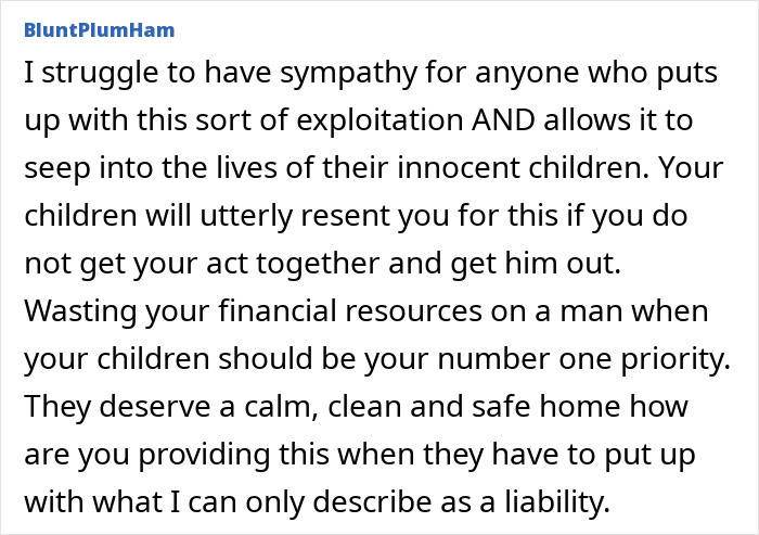 Screenshot of a forum comment discussing financial strain caused by a jobless partner and its impact on family well-being.