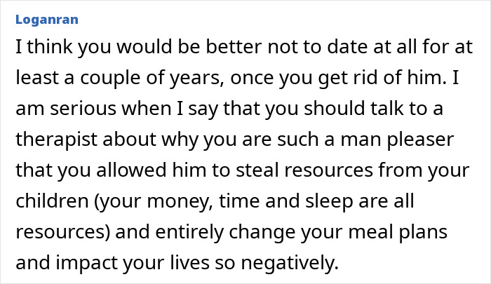 Text comment about woman realizing she doesn&rsquo;t need a jobless partner who costs more than he brings in, ending the relationship.