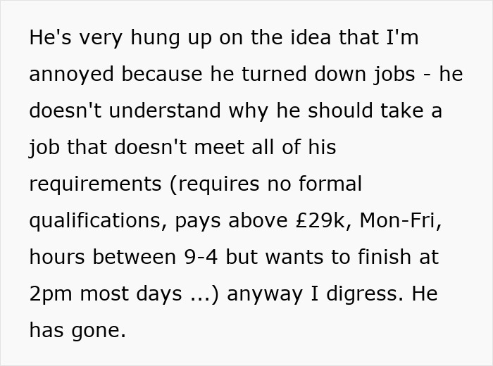 Text excerpt showing a woman&rsquo;s frustration with a jobless partner who costs more than he brings in before ending the relationship