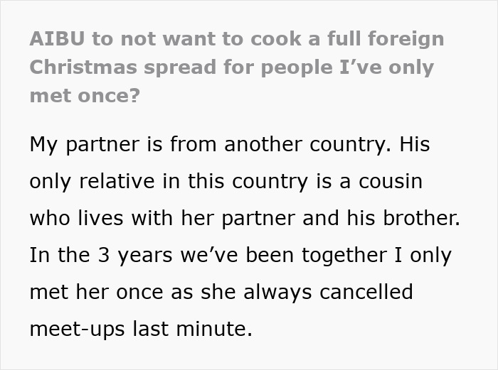 Woman reluctant to cook foreign traditional Christmas spread for distant family she barely knows in a new country.