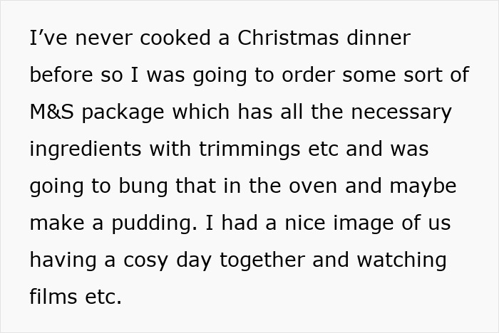 Text on a screen describing a woman who doesn&rsquo;t want to cook a foreign traditional Christmas spread for a cozy day.