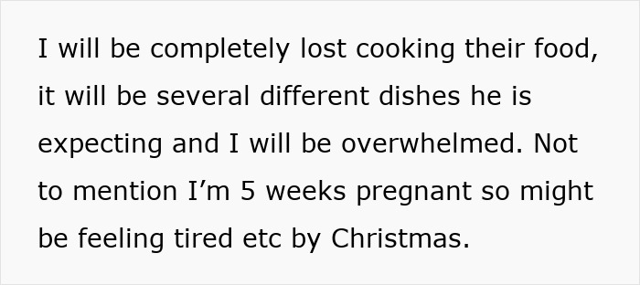 Pregnant woman overwhelmed by cooking a foreign traditional Christmas spread with multiple dishes expected.