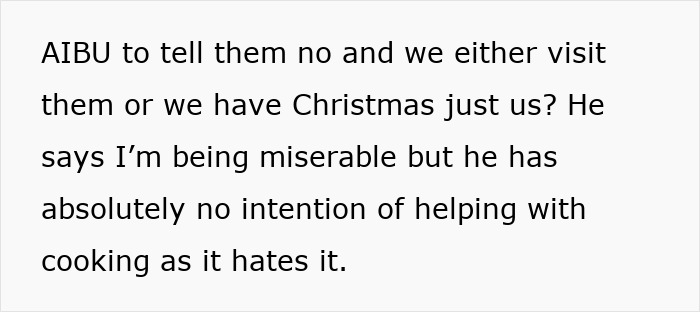 Text on white background about Christmas cooking, expressing frustration that woman doesn't want to cook traditional foreign Christmas spread.