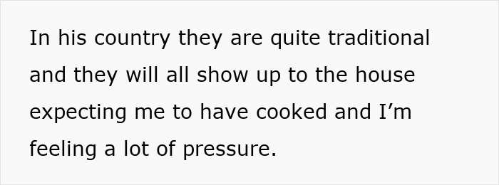 Text on a white background reads a woman feeling pressure as others expect her to cook a foreign traditional Christmas spread.