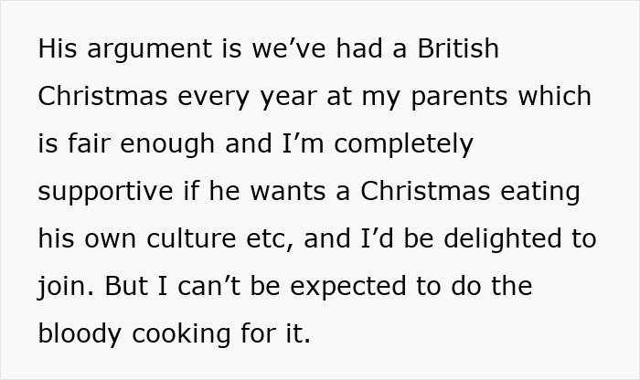 Text excerpt about a woman who doesn&rsquo;t want to cook a foreign traditional Christmas spread despite support for cultural meals.