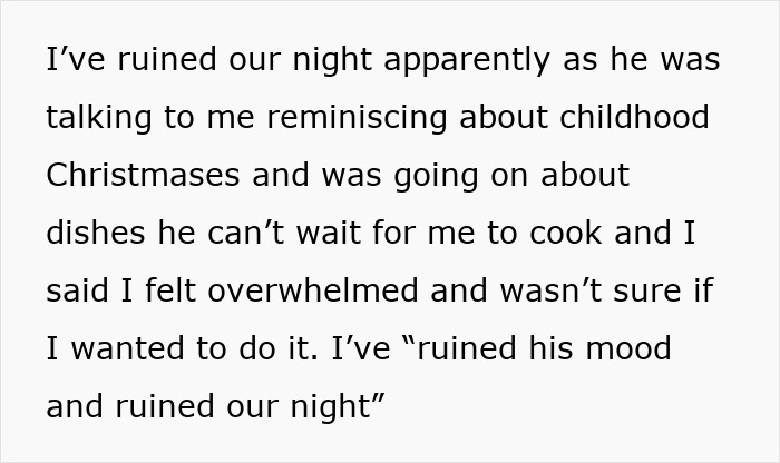Woman feeling overwhelmed and reluctant to cook a foreign traditional Christmas spread, causing tension during the holiday.